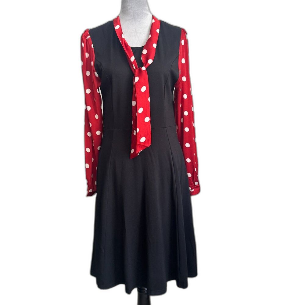 Tulip B Retro Black Dress Red Polka Dot Sleeves Tie Neck Fit Flare Pockets L